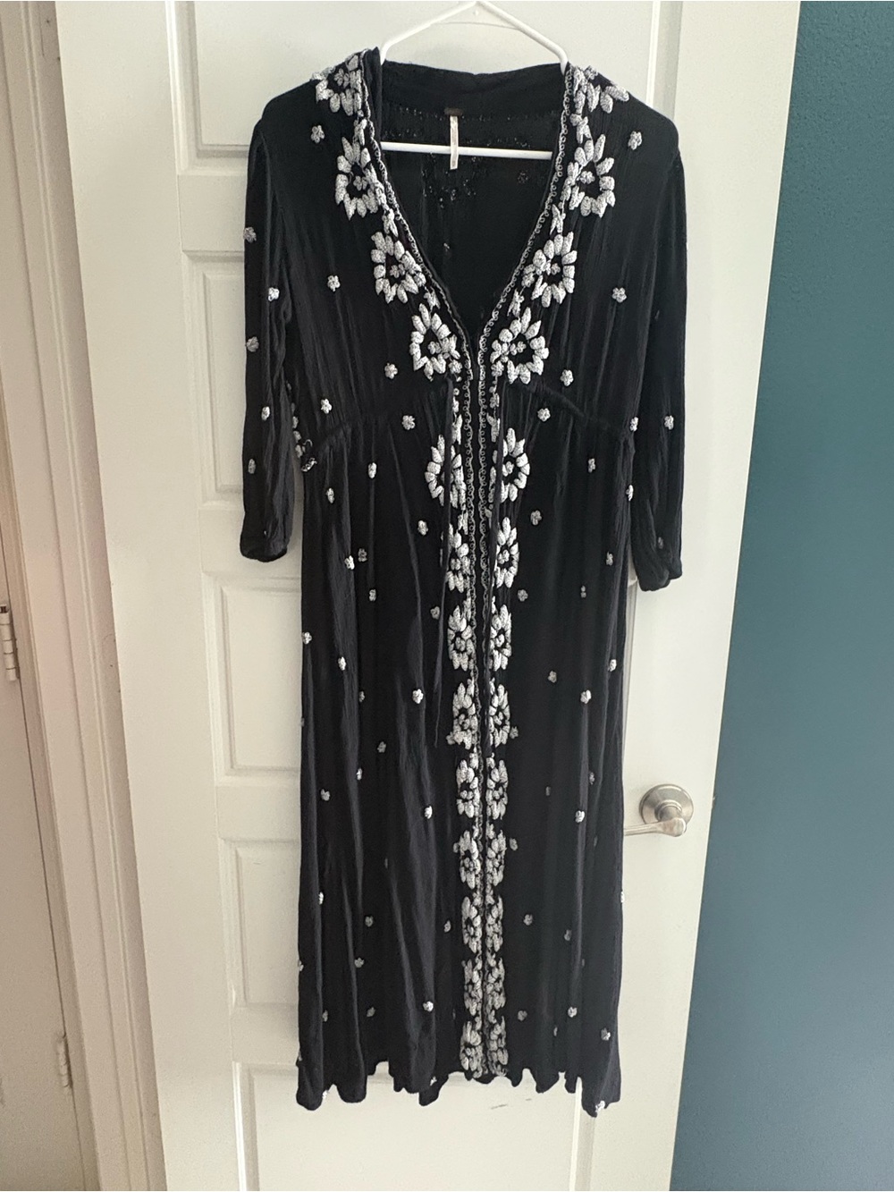 Free People Embroidered Fable Midi Dress Black White Floral XSmall